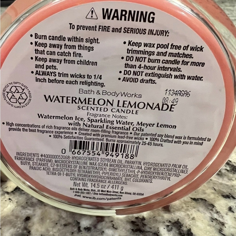 Bath & Body Works: 14.5 oz 3-Wick Candle: Watermelon Lemonade - Picture 2 of 2
